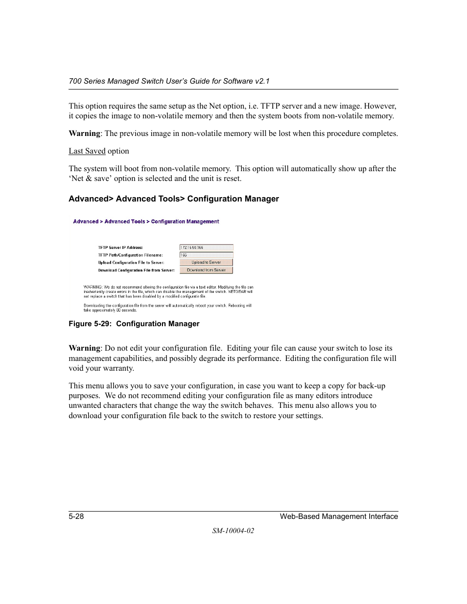 Advanced> advanced tools> configuration manager | NETGEAR 700 Series Managed Switch for Software v2.1 User Manual | Page 78 / 152