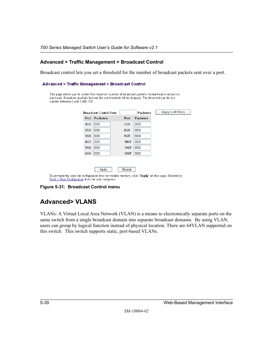 Advanced > traffic management > broadcast control, Advanced> vlans, Advanced> vlans -30 | NETGEAR 700 Series Managed Switch for Software v2.1 User Manual | Page 80 / 152