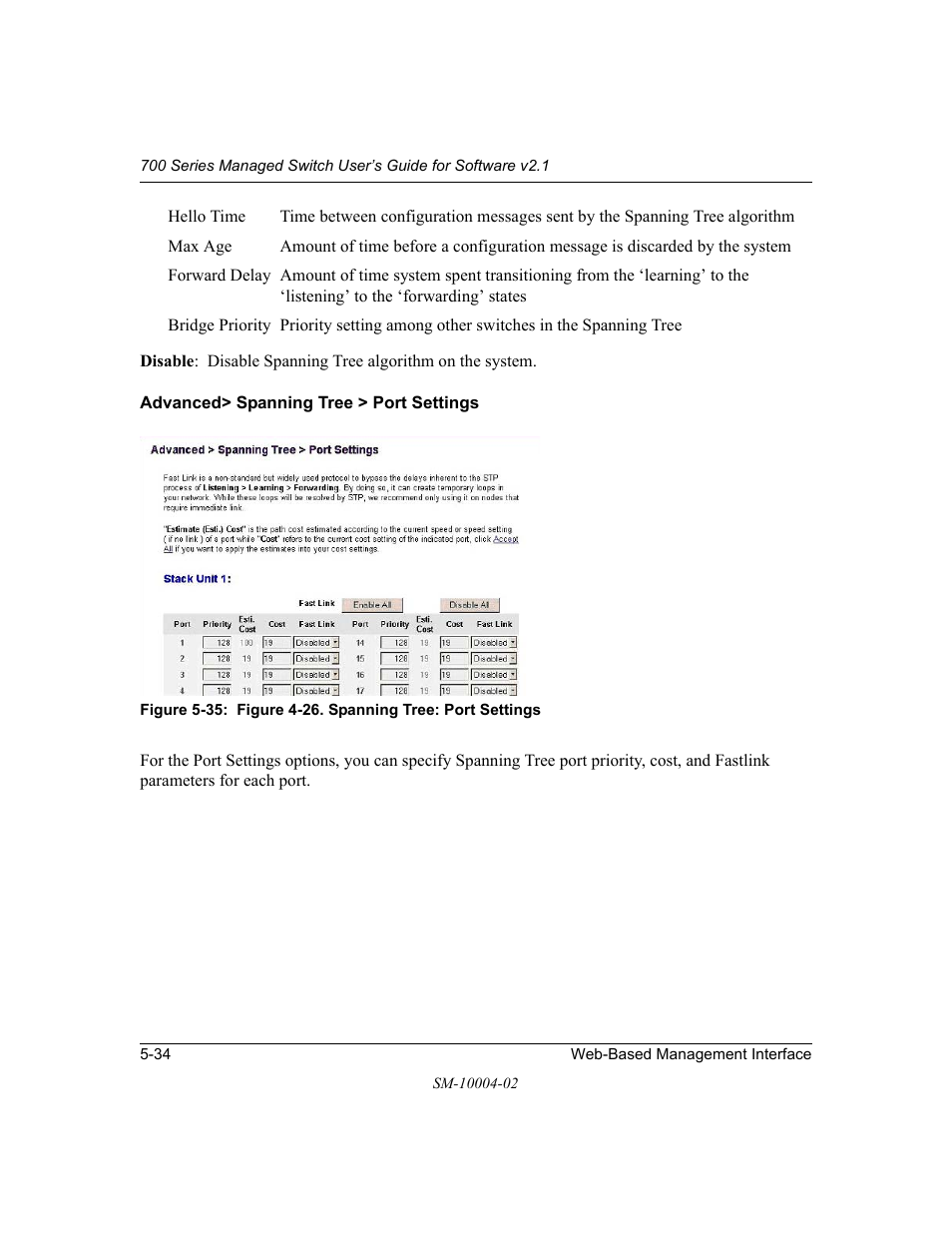 Advanced> spanning tree > port settings, Advanced> spanning tree > port settings -34 | NETGEAR 700 Series Managed Switch for Software v2.1 User Manual | Page 84 / 152