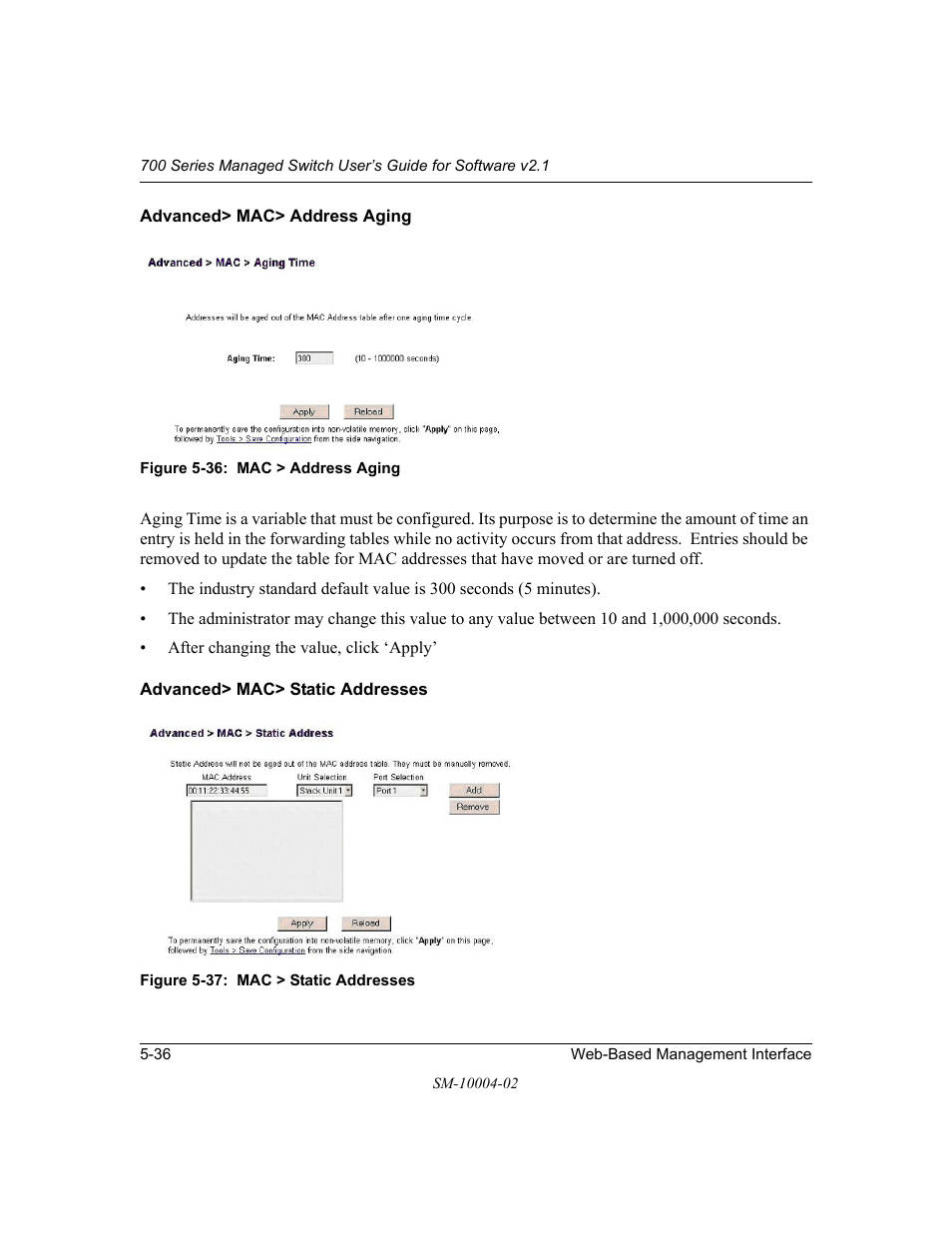 Advanced> mac> address aging, Advanced> mac> static addresses | NETGEAR 700 Series Managed Switch for Software v2.1 User Manual | Page 86 / 152