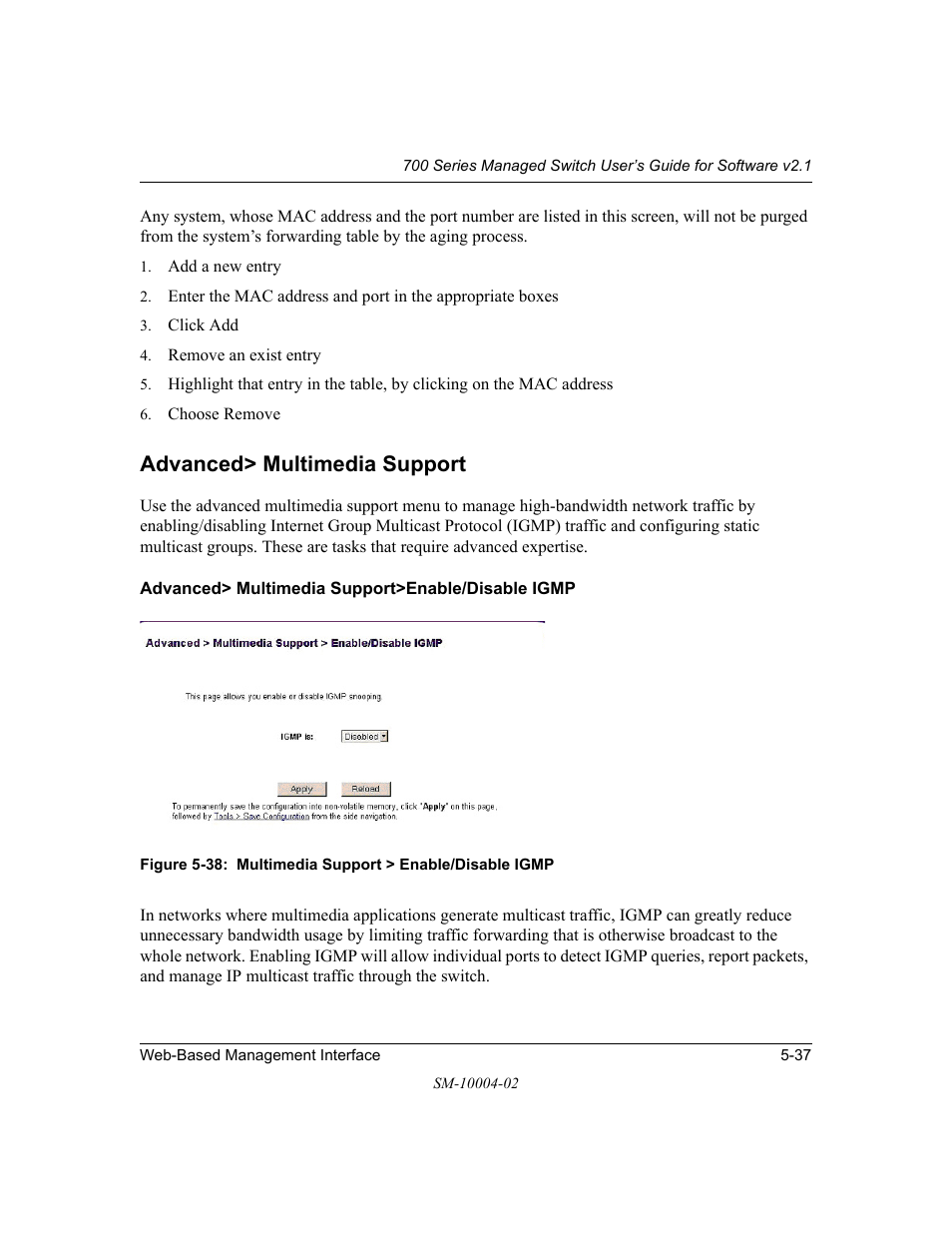 Advanced> multimedia support, Advanced> multimedia support>enable/disable igmp, Advanced> multimedia support -37 | NETGEAR 700 Series Managed Switch for Software v2.1 User Manual | Page 87 / 152