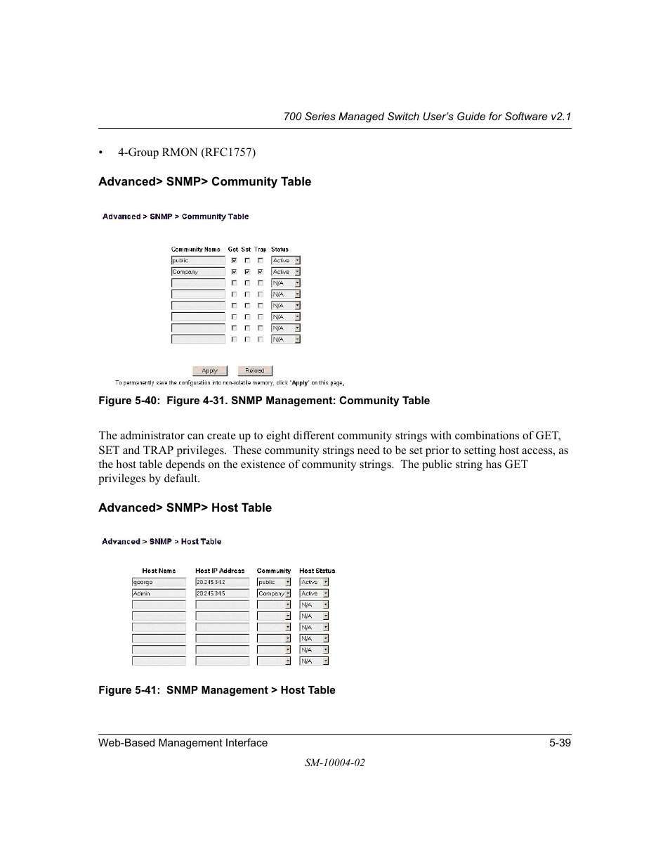 Advanced> snmp> community table, Advanced> snmp> host table | NETGEAR 700 Series Managed Switch for Software v2.1 User Manual | Page 89 / 152