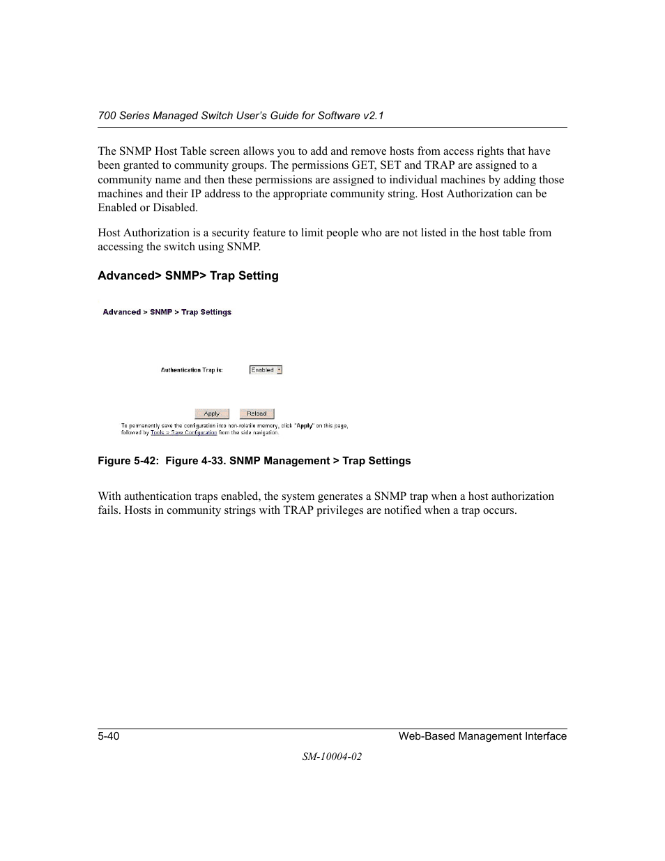 Advanced> snmp> trap setting, Advanced> snmp> trap setting -40 | NETGEAR 700 Series Managed Switch for Software v2.1 User Manual | Page 90 / 152