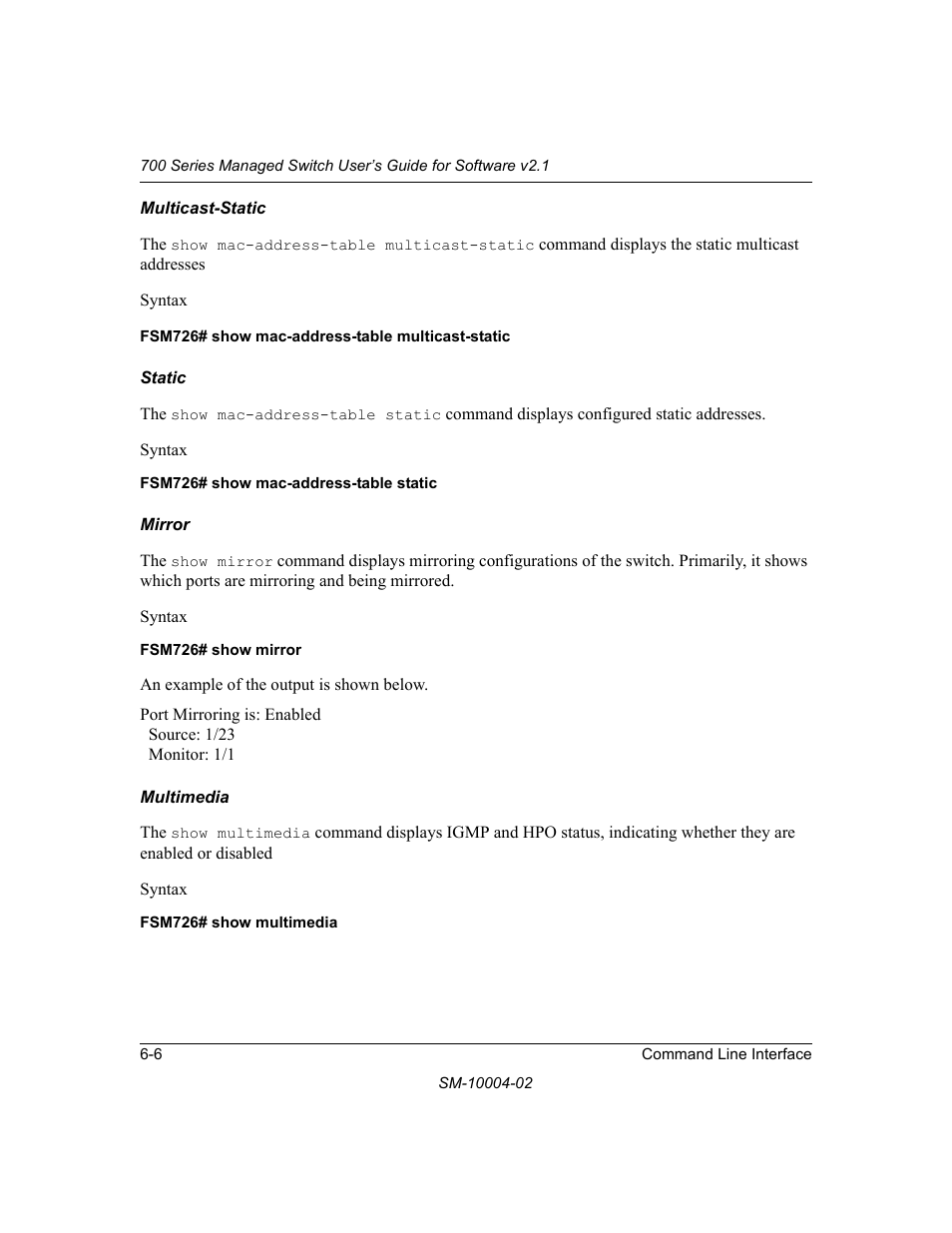 Multicast-static, Static, Mirror | Multimedia | NETGEAR 700 Series Managed Switch for Software v2.1 User Manual | Page 96 / 152