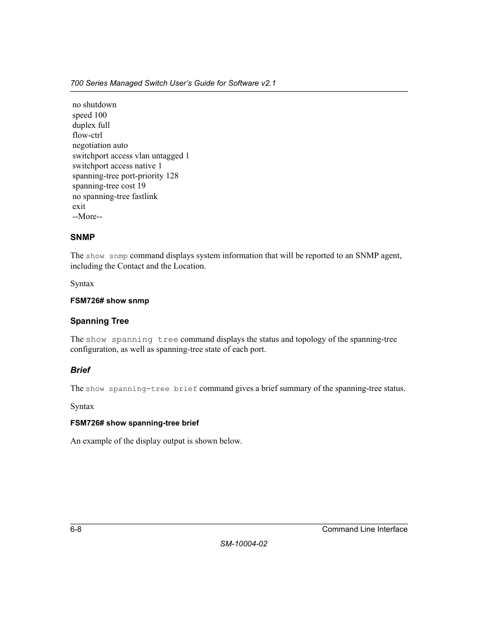 Snmp, Spanning tree, Brief | Snmp -8 spanning tree -8 | NETGEAR 700 Series Managed Switch for Software v2.1 User Manual | Page 98 / 152