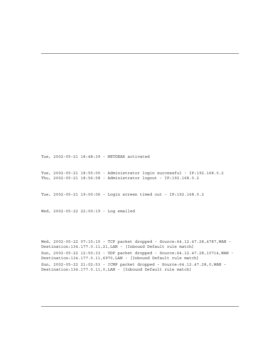 Examples of log messages, Saving log files on a server -12, Examples of log messages -12 | Activation and administration -12, Dropped packets -12 | NETGEAR DG824M User Manual | Page 78 / 154