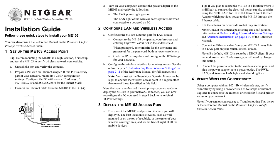 NETGEAR 802.11b ProSafe Wireless Access Point ME103 User Manual | 2 pages