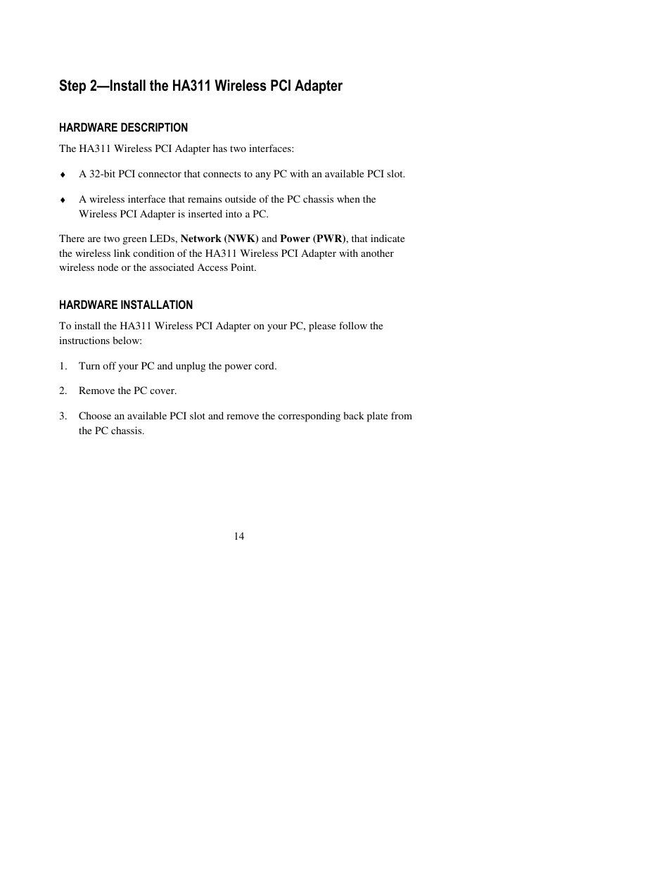 Step 2—install the ha311 wireless pci adapter, Hardware description, Hardware installation | NETGEAR HA311 User Manual | Page 14 / 45