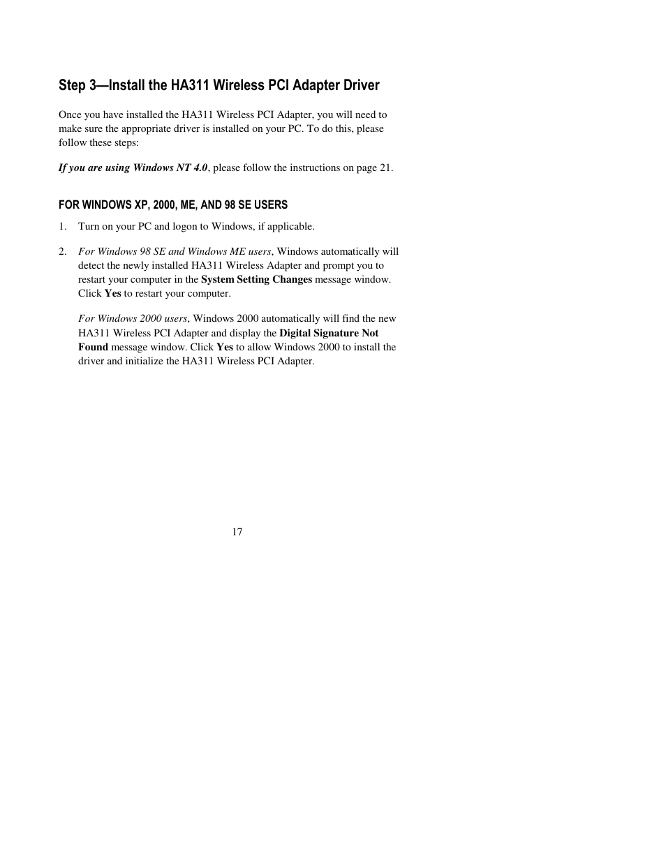 For windows xp, 2000, me, and 98 se users | NETGEAR HA311 User Manual | Page 17 / 45