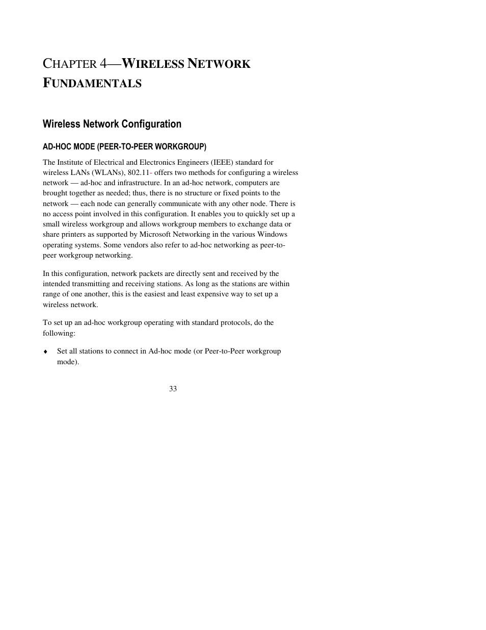 Chapter 4—wireless network fundamentals, Wireless network configuration, Ad-hoc mode (peer-to-peer workgroup) | 4— w | NETGEAR HA311 User Manual | Page 33 / 45