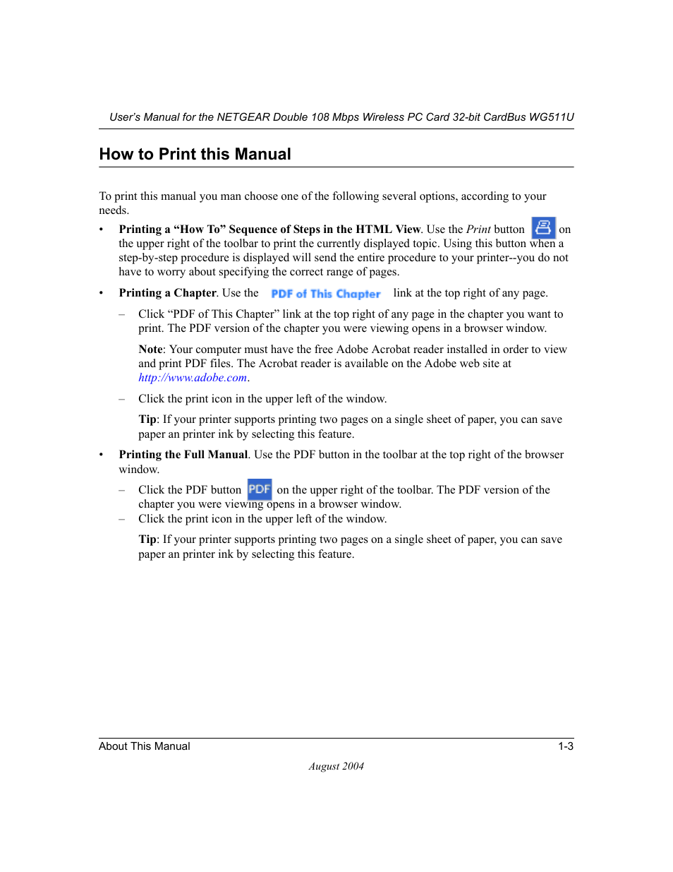 How to print this manual, How to print this manual -3 | NETGEAR Double 108 Mbps Wireless PC Card WG511U User Manual | Page 11 / 95