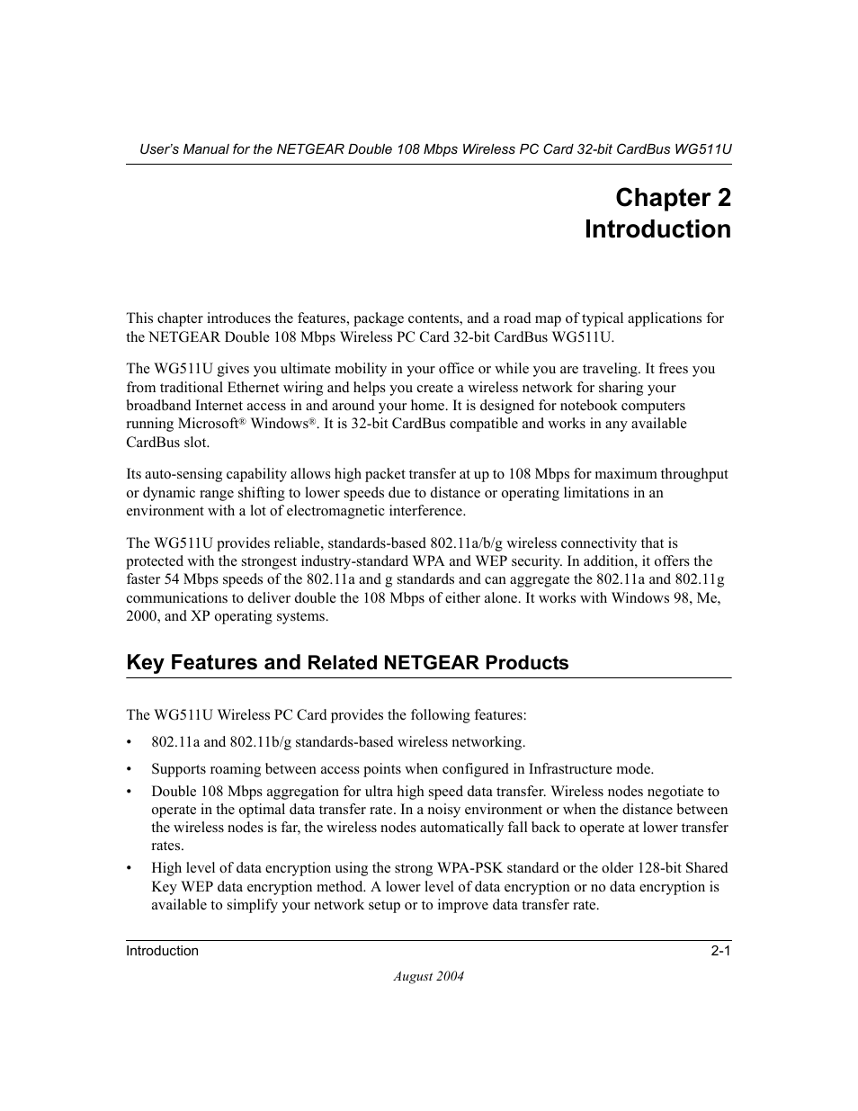 Chapter 2 introduction, Key features and related netgear products, Chapter 2 | Introduction, Key features and related netgear products -1, Key features and, Related netgear products | NETGEAR Double 108 Mbps Wireless PC Card WG511U User Manual | Page 13 / 95