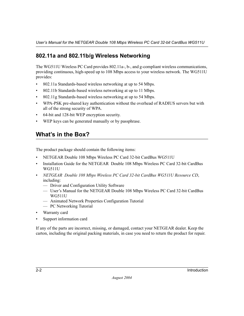 11a and 802.11b/g wireless networking, What’s in the box, 11a and 802.11b/g wireless networking -2 | What’s in the box? -2 | NETGEAR Double 108 Mbps Wireless PC Card WG511U User Manual | Page 14 / 95