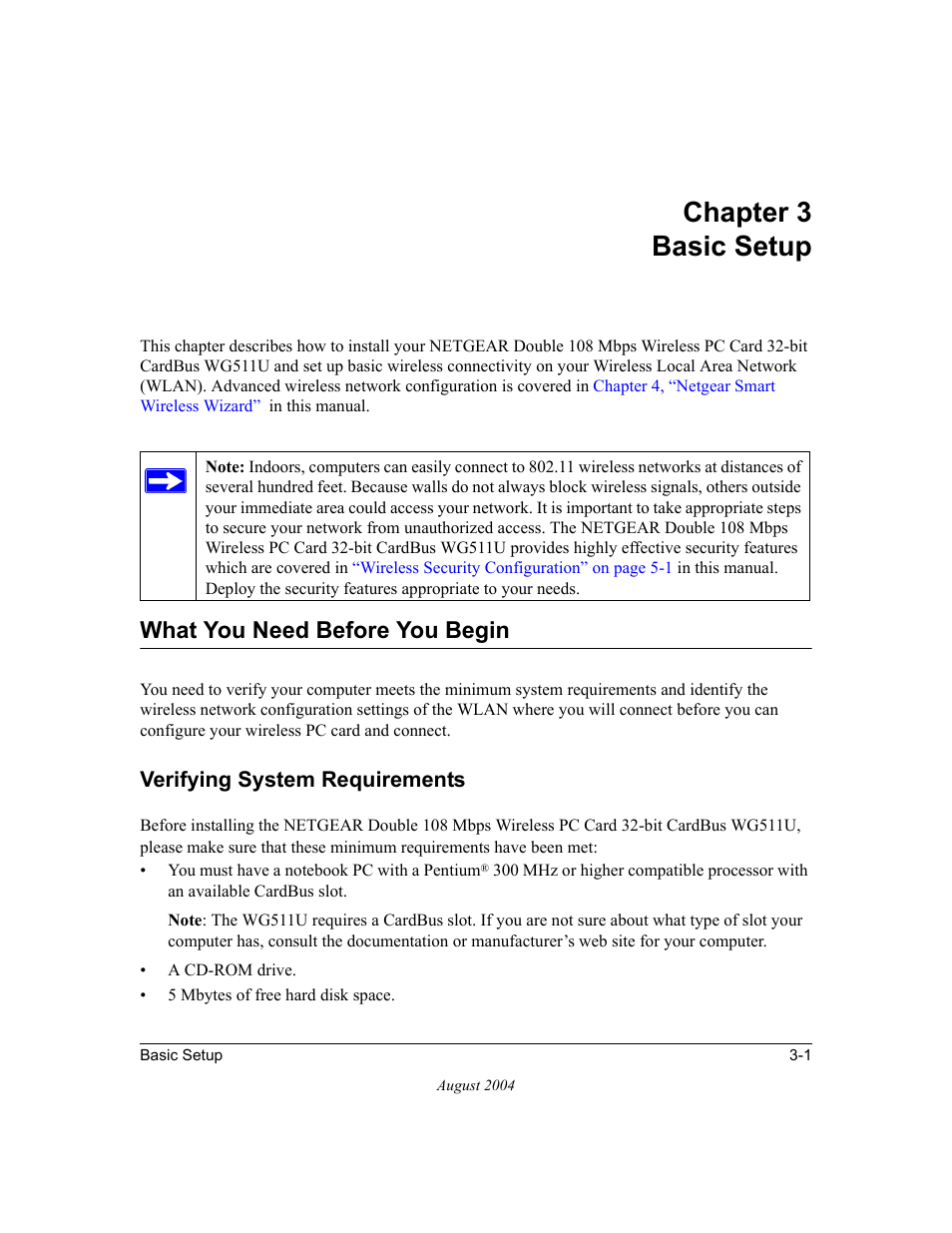 Chapter 3 basic setup, What you need before you begin, Verifying system requirements | Chapter 3, Basic setup, What you need before you begin -1, Verifying system requirements -1, Chapter 3, “basic setup | NETGEAR Double 108 Mbps Wireless PC Card WG511U User Manual | Page 19 / 95