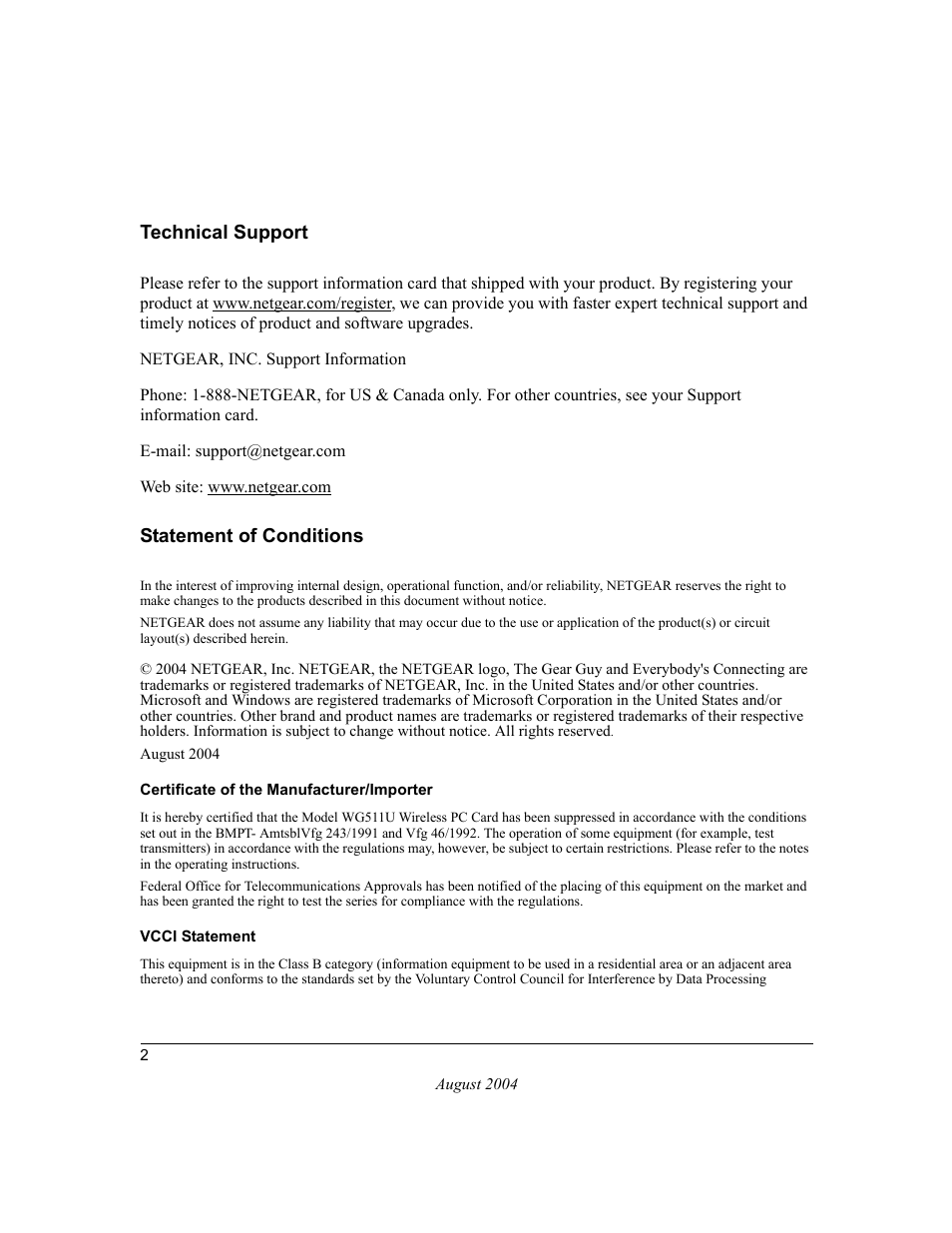 Technical support, Statement of conditions | NETGEAR Double 108 Mbps Wireless PC Card WG511U User Manual | Page 2 / 95