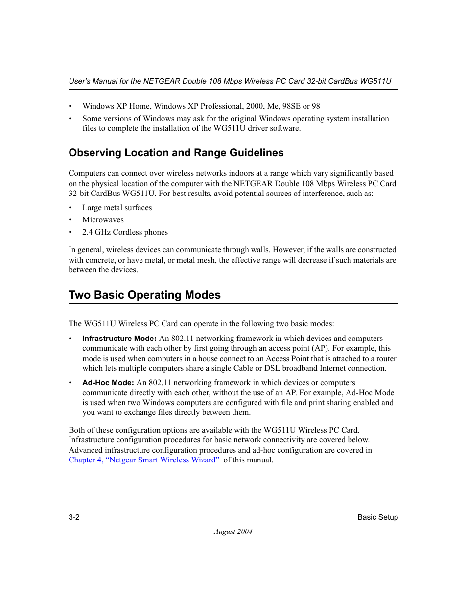 Observing location and range guidelines, Two basic operating modes, Observing location and range guidelines -2 | Two basic operating modes -2 | NETGEAR Double 108 Mbps Wireless PC Card WG511U User Manual | Page 20 / 95