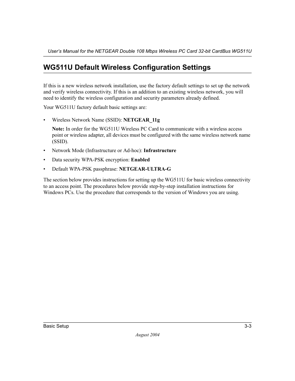 Wg511u default wireless configuration settings, Wg511u default wireless configuration settings -3 | NETGEAR Double 108 Mbps Wireless PC Card WG511U User Manual | Page 21 / 95