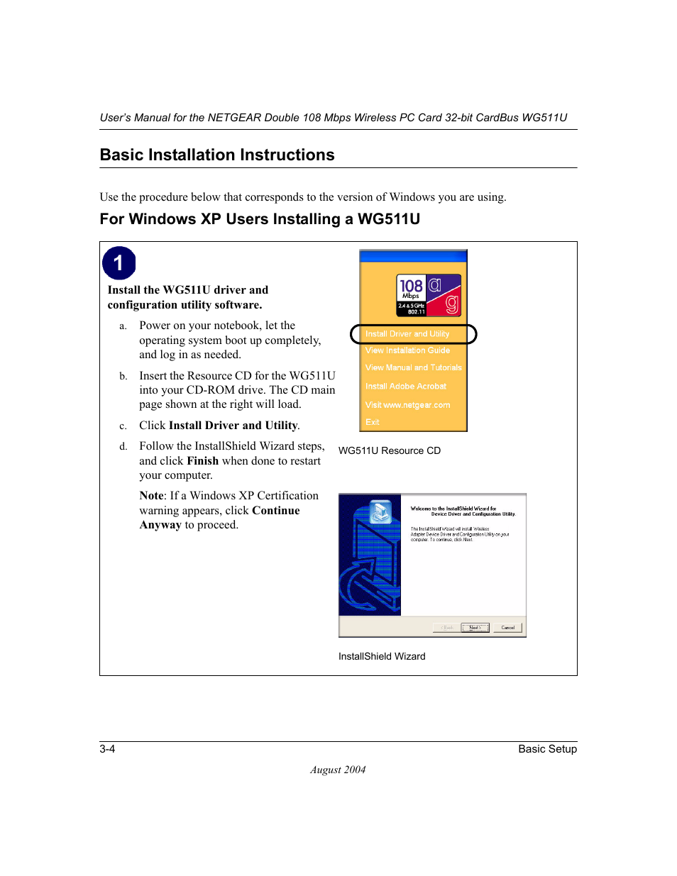 Basic installation instructions, For windows xp users installing a wg511u, Basic installation instructions -4 | For windows xp users installing a wg511u -4, Basic | NETGEAR Double 108 Mbps Wireless PC Card WG511U User Manual | Page 22 / 95