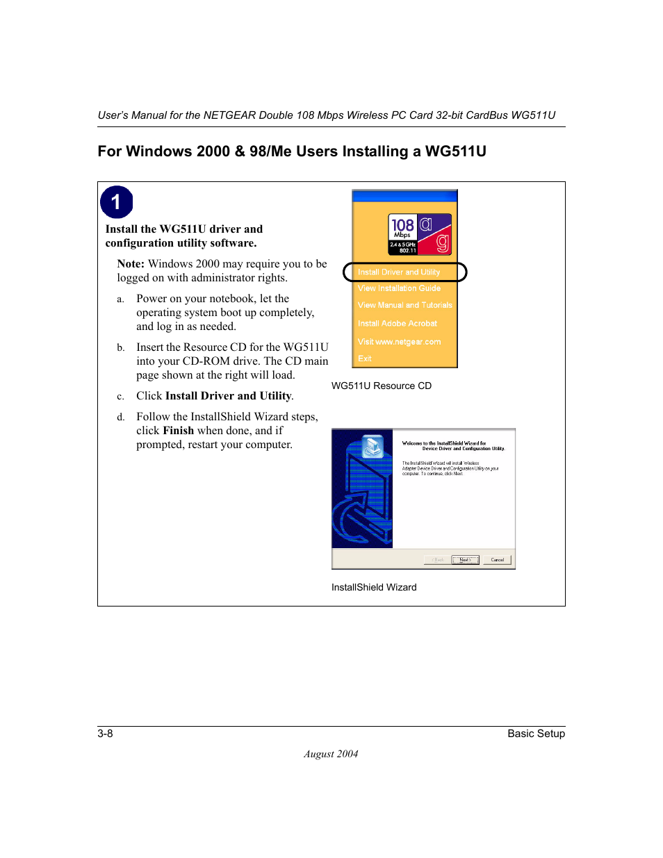 For windows 2000 & 98/me users installing a wg511u | NETGEAR Double 108 Mbps Wireless PC Card WG511U User Manual | Page 26 / 95