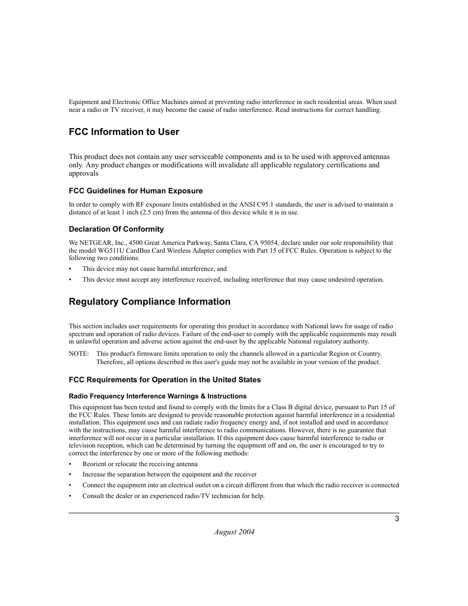 Fcc information to user, Regulatory compliance information | NETGEAR Double 108 Mbps Wireless PC Card WG511U User Manual | Page 3 / 95