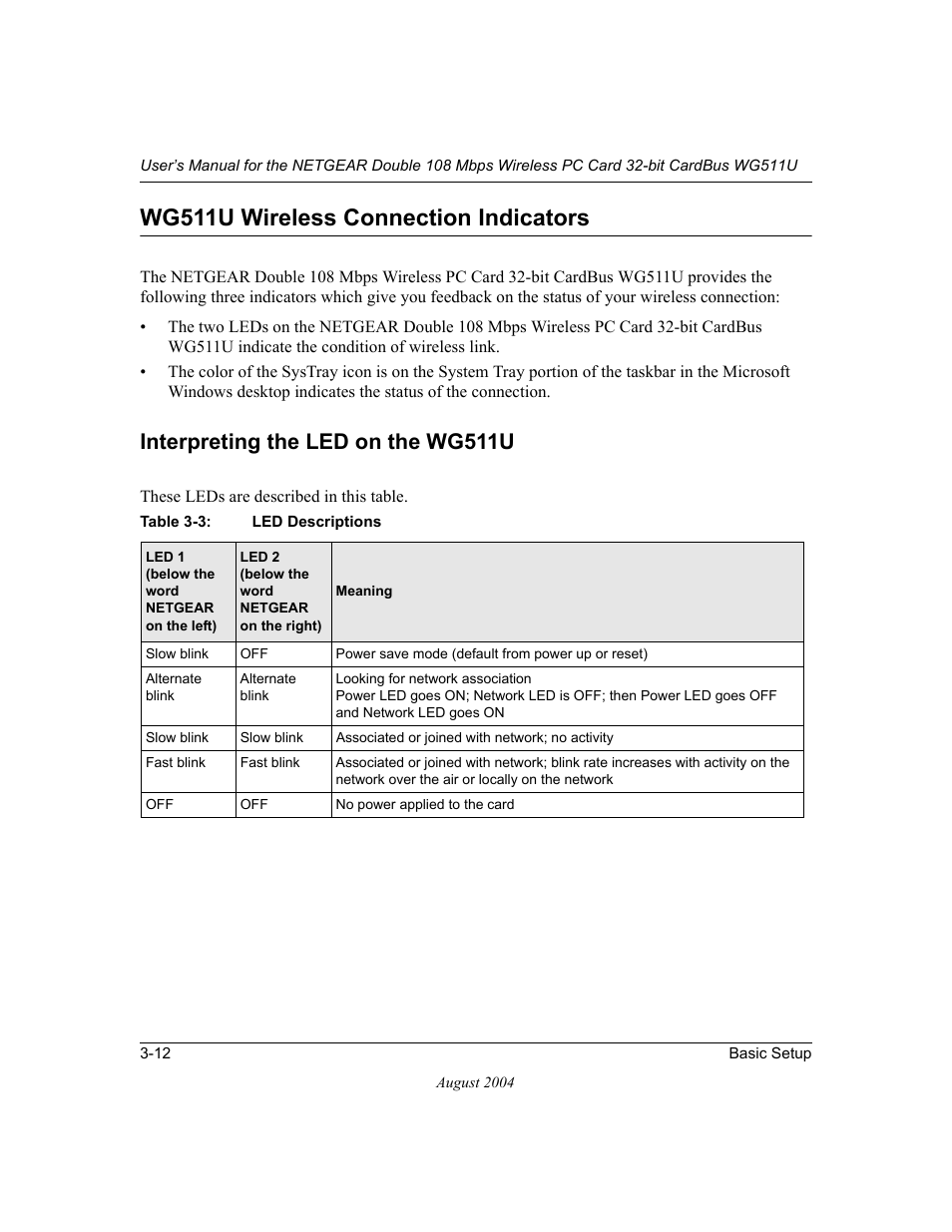 Wg511u wireless connection indicators, Interpreting the led on the wg511u, Wg511u wireless connection indicators -12 | Interpreting the led on the wg511u -12 | NETGEAR Double 108 Mbps Wireless PC Card WG511U User Manual | Page 30 / 95