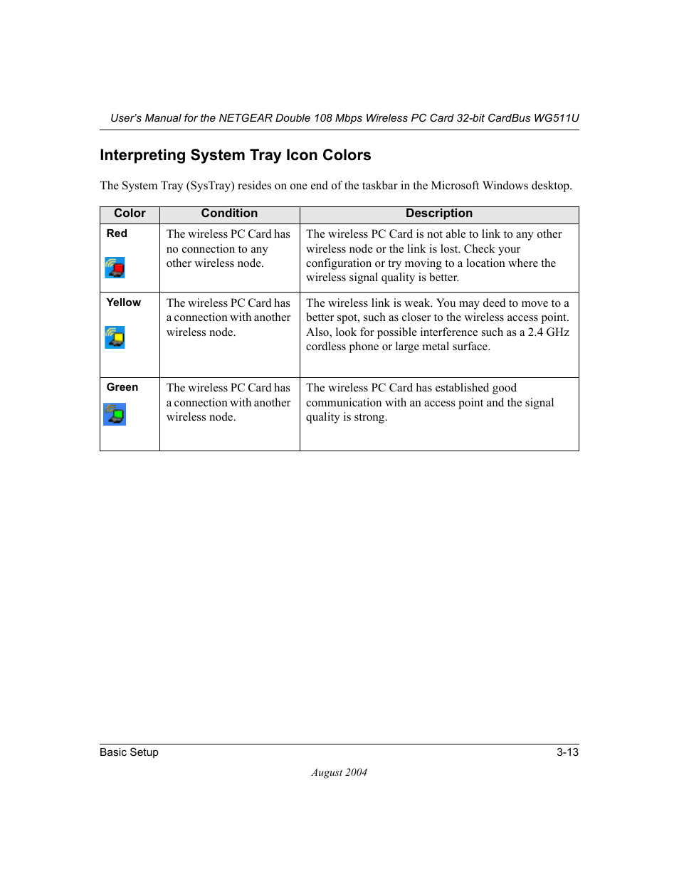 Interpreting system tray icon colors, Interpreting system tray icon colors -13 | NETGEAR Double 108 Mbps Wireless PC Card WG511U User Manual | Page 31 / 95