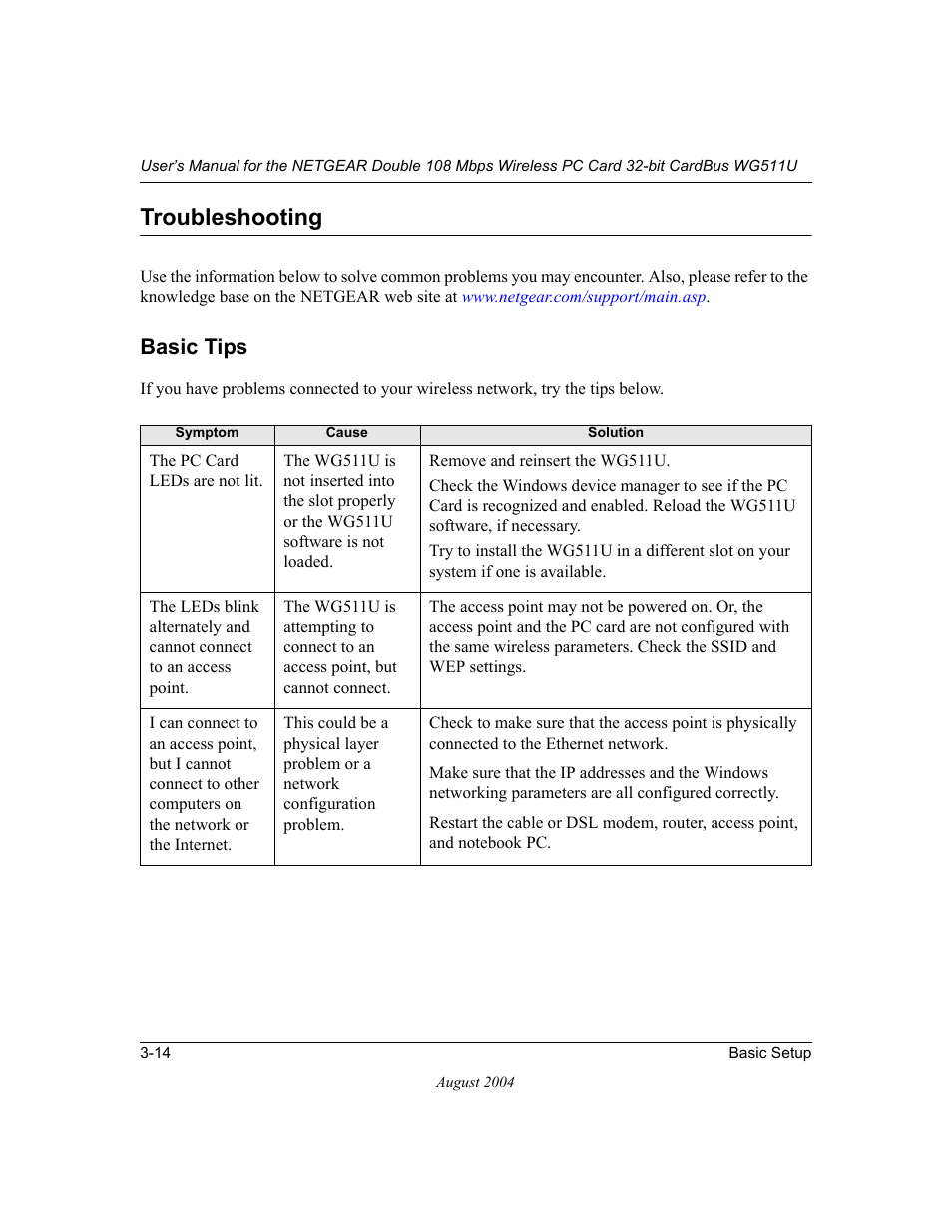 Troubleshooting, Basic tips, Troubleshooting -14 | Basic tips -14 | NETGEAR Double 108 Mbps Wireless PC Card WG511U User Manual | Page 32 / 95