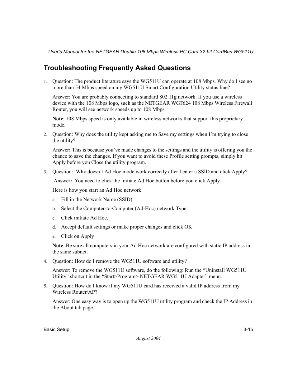 Troubleshooting frequently asked questions, Troubleshooting frequently asked questions -15 | NETGEAR Double 108 Mbps Wireless PC Card WG511U User Manual | Page 33 / 95