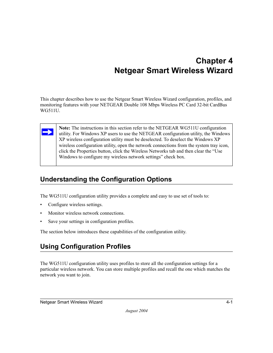 Chapter 4 netgear smart wireless wizard, Understanding the configuration options, Using configuration profiles | Chapter 4, Netgear smart wireless wizard, Chapter 4, “netgear smart, Wireless wizard | NETGEAR Double 108 Mbps Wireless PC Card WG511U User Manual | Page 35 / 95