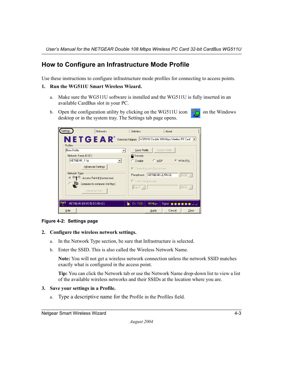 How to configure an infrastructure mode profile, How to configure an infrastructure mode profile -3 | NETGEAR Double 108 Mbps Wireless PC Card WG511U User Manual | Page 37 / 95