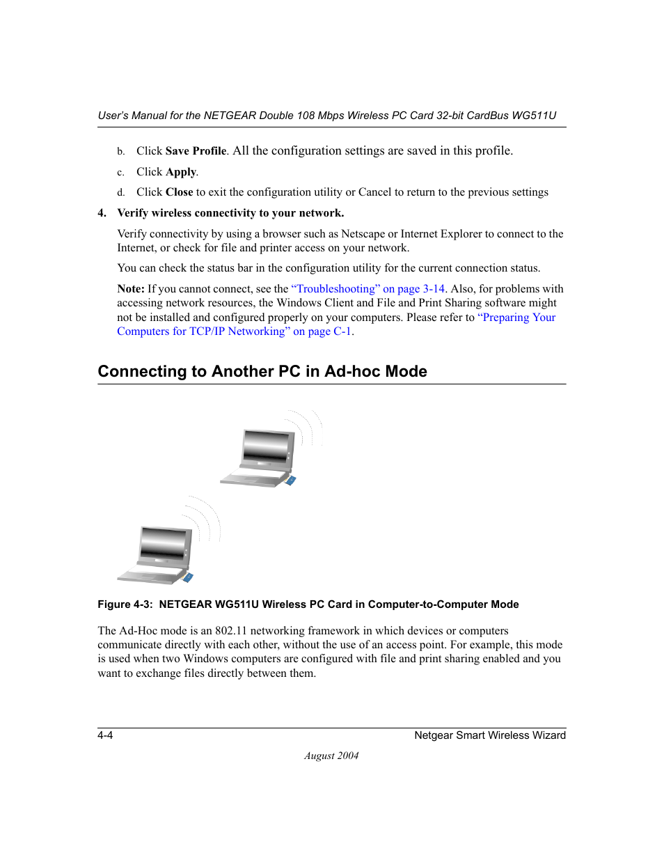 Connecting to another pc in ad-hoc mode, Connecting to another pc in ad-hoc mode -4 | NETGEAR Double 108 Mbps Wireless PC Card WG511U User Manual | Page 38 / 95