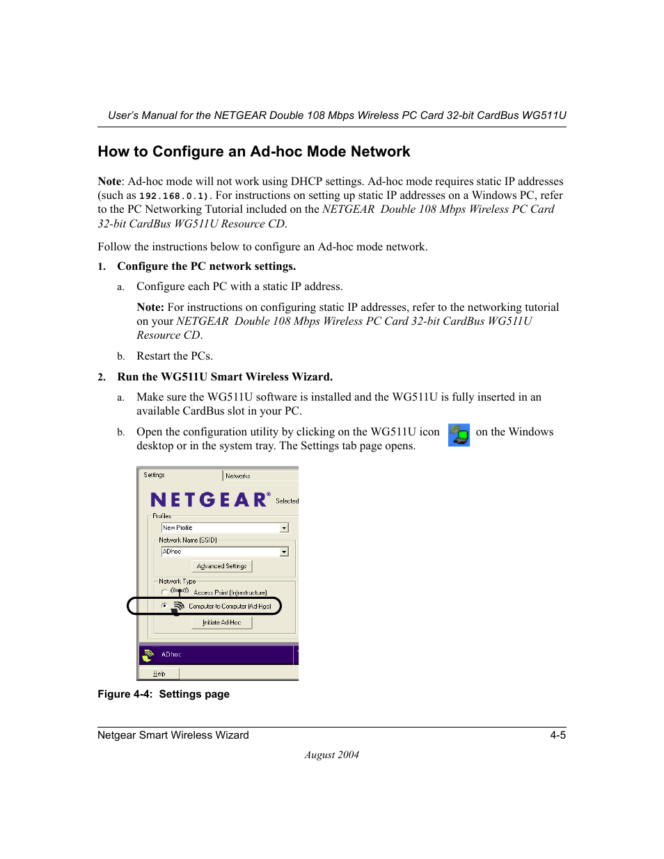 How to configure an ad-hoc mode network, How to configure an ad-hoc mode network -5 | NETGEAR Double 108 Mbps Wireless PC Card WG511U User Manual | Page 39 / 95