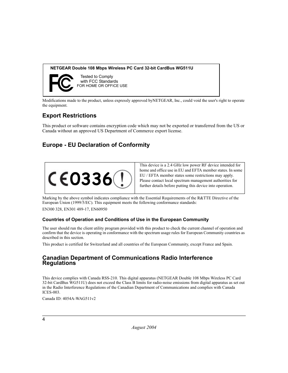 Export restrictions, Europe - eu declaration of conformity | NETGEAR Double 108 Mbps Wireless PC Card WG511U User Manual | Page 4 / 95