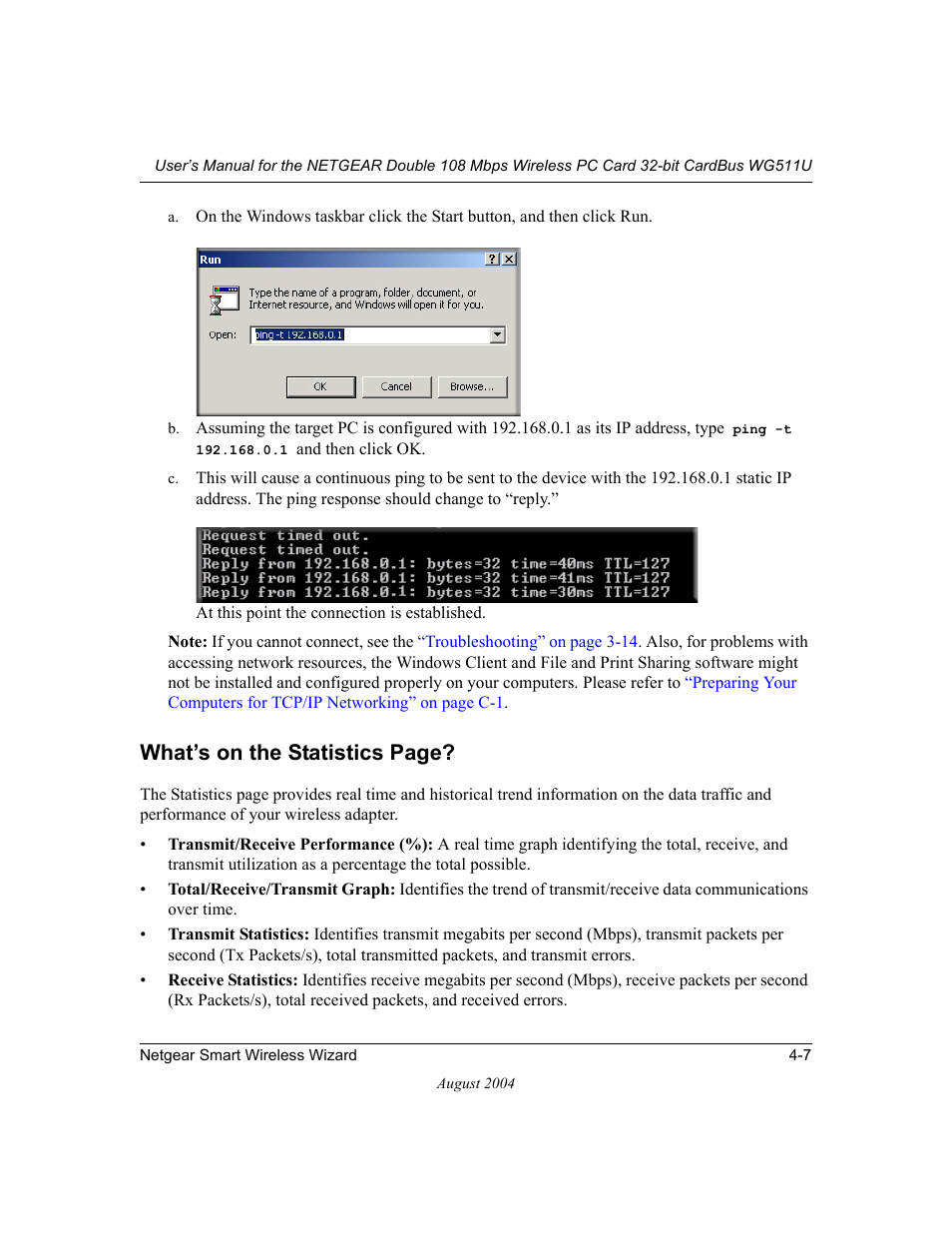 What’s on the statistics page | NETGEAR Double 108 Mbps Wireless PC Card WG511U User Manual | Page 41 / 95