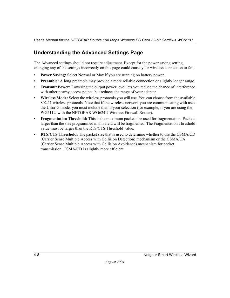 Understanding the advanced settings page | NETGEAR Double 108 Mbps Wireless PC Card WG511U User Manual | Page 42 / 95