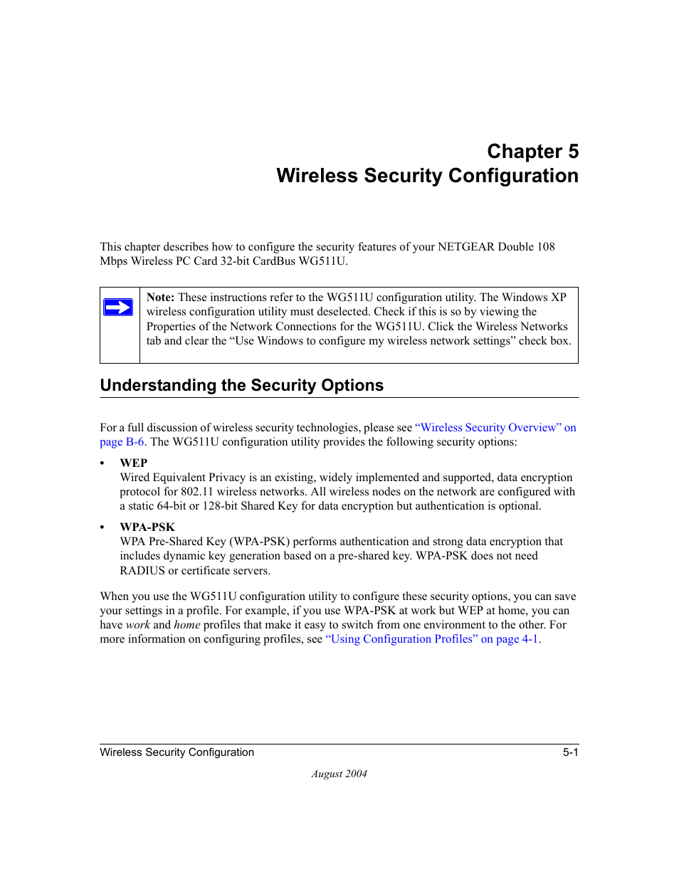 Chapter 5 wireless security configuration, Understanding the security options, Chapter 5 | Wireless security configuration, Understanding the security options -1 | NETGEAR Double 108 Mbps Wireless PC Card WG511U User Manual | Page 43 / 95