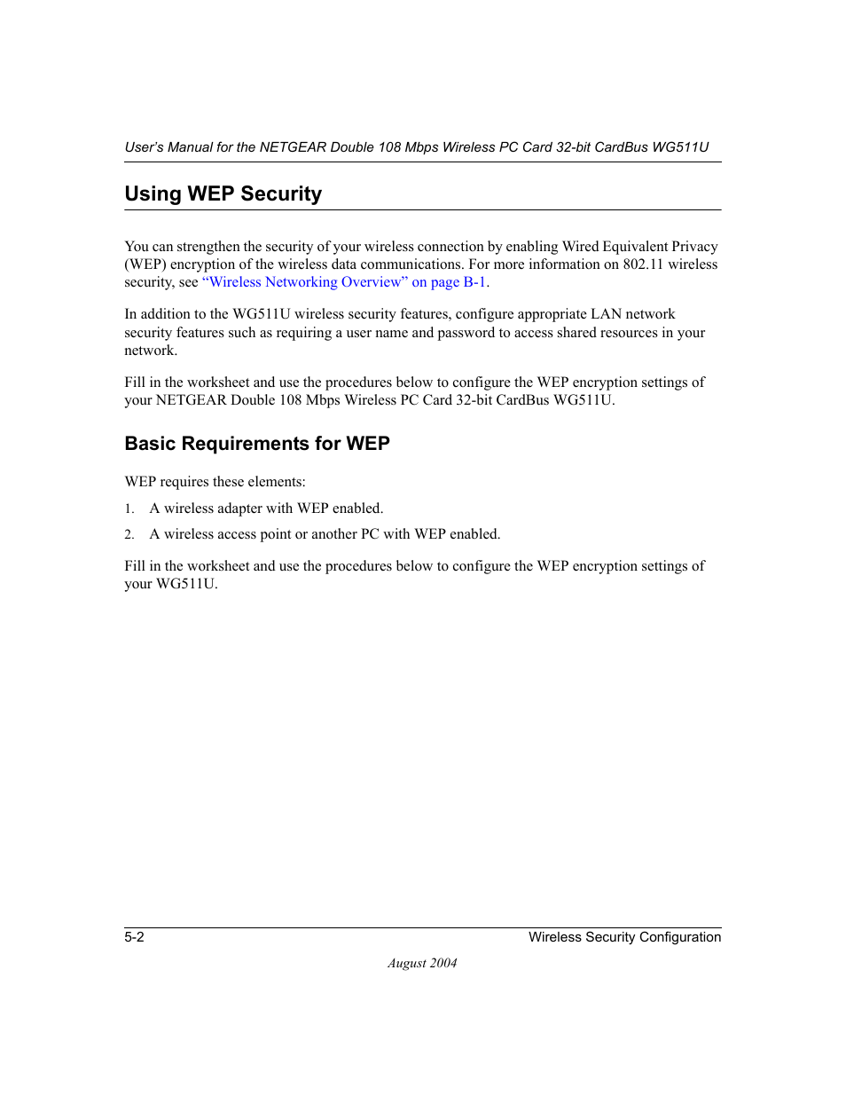 Using wep security, Basic requirements for wep, Using wep security -2 | Basic requirements for wep -2 | NETGEAR Double 108 Mbps Wireless PC Card WG511U User Manual | Page 44 / 95