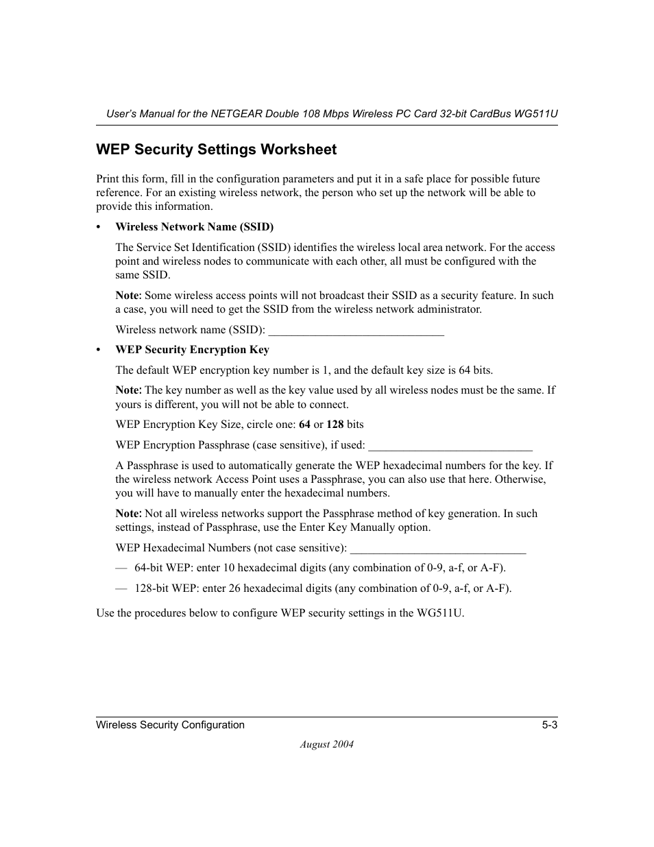 Wep security settings worksheet, Wep security settings worksheet -3 | NETGEAR Double 108 Mbps Wireless PC Card WG511U User Manual | Page 45 / 95