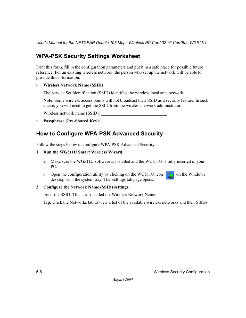 Wpa-psk security settings worksheet, How to configure wpa-psk advanced security | NETGEAR Double 108 Mbps Wireless PC Card WG511U User Manual | Page 48 / 95