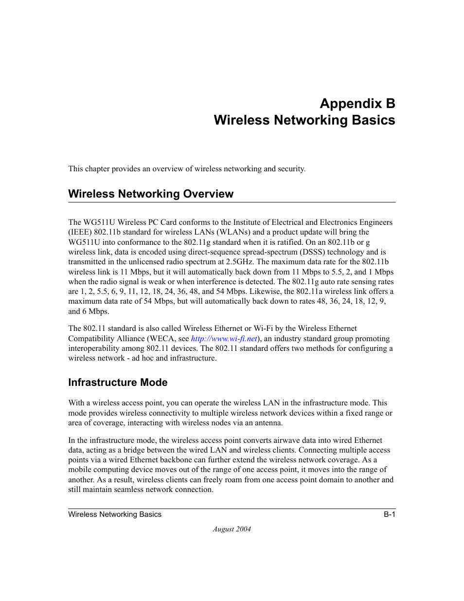 Appendix b wireless networking basics, Wireless networking overview, Infrastructure mode | Appendix b, Wireless networking basics, Appendix , “wireless networking overview, Of this | NETGEAR Double 108 Mbps Wireless PC Card WG511U User Manual | Page 53 / 95