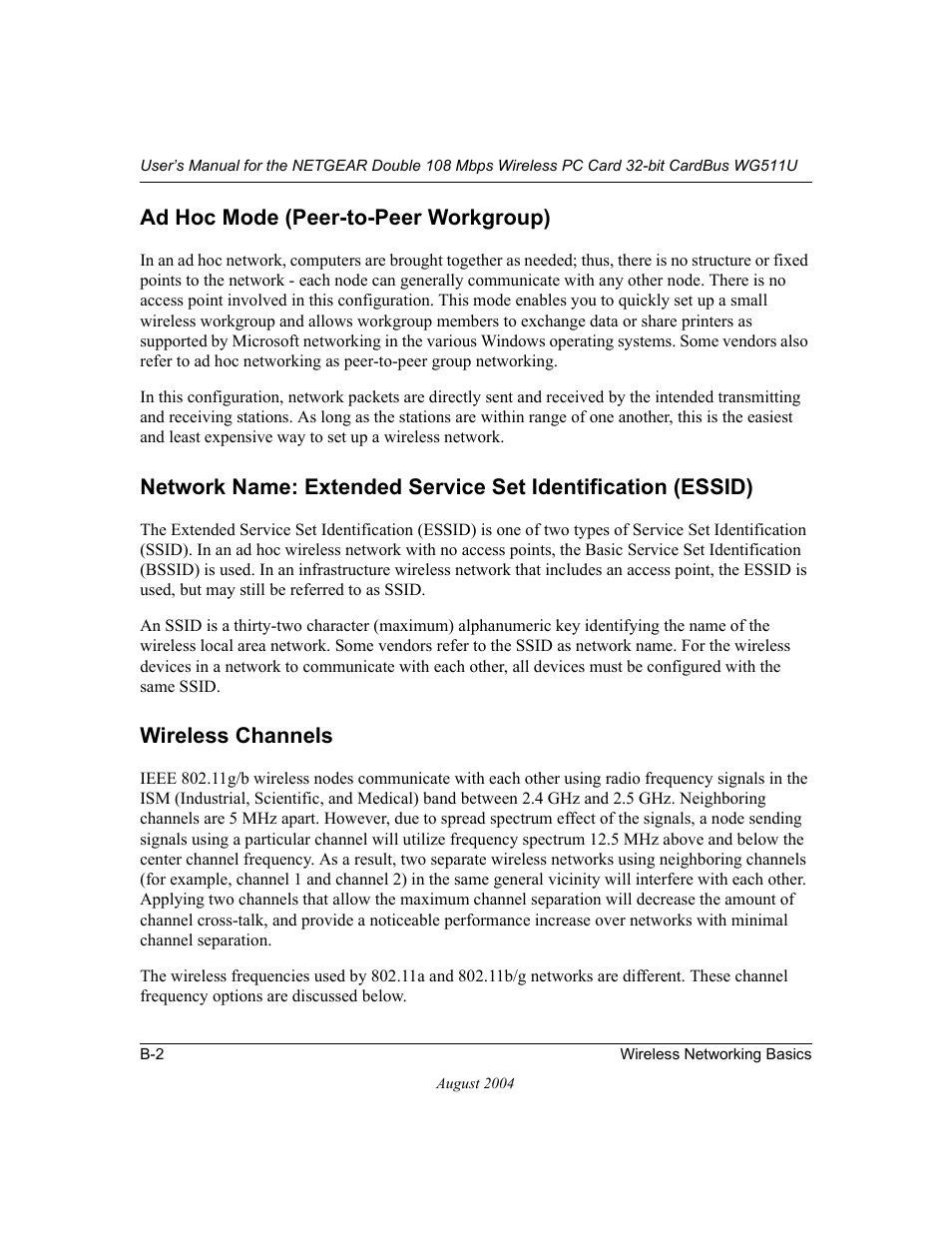 Ad hoc mode (peer-to-peer workgroup), Wireless channels | NETGEAR Double 108 Mbps Wireless PC Card WG511U User Manual | Page 54 / 95