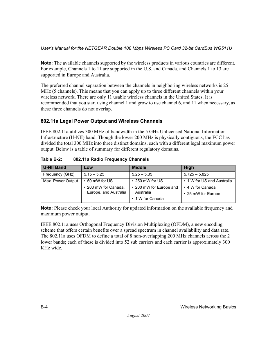 11a legal power output and wireless channels | NETGEAR Double 108 Mbps Wireless PC Card WG511U User Manual | Page 56 / 95