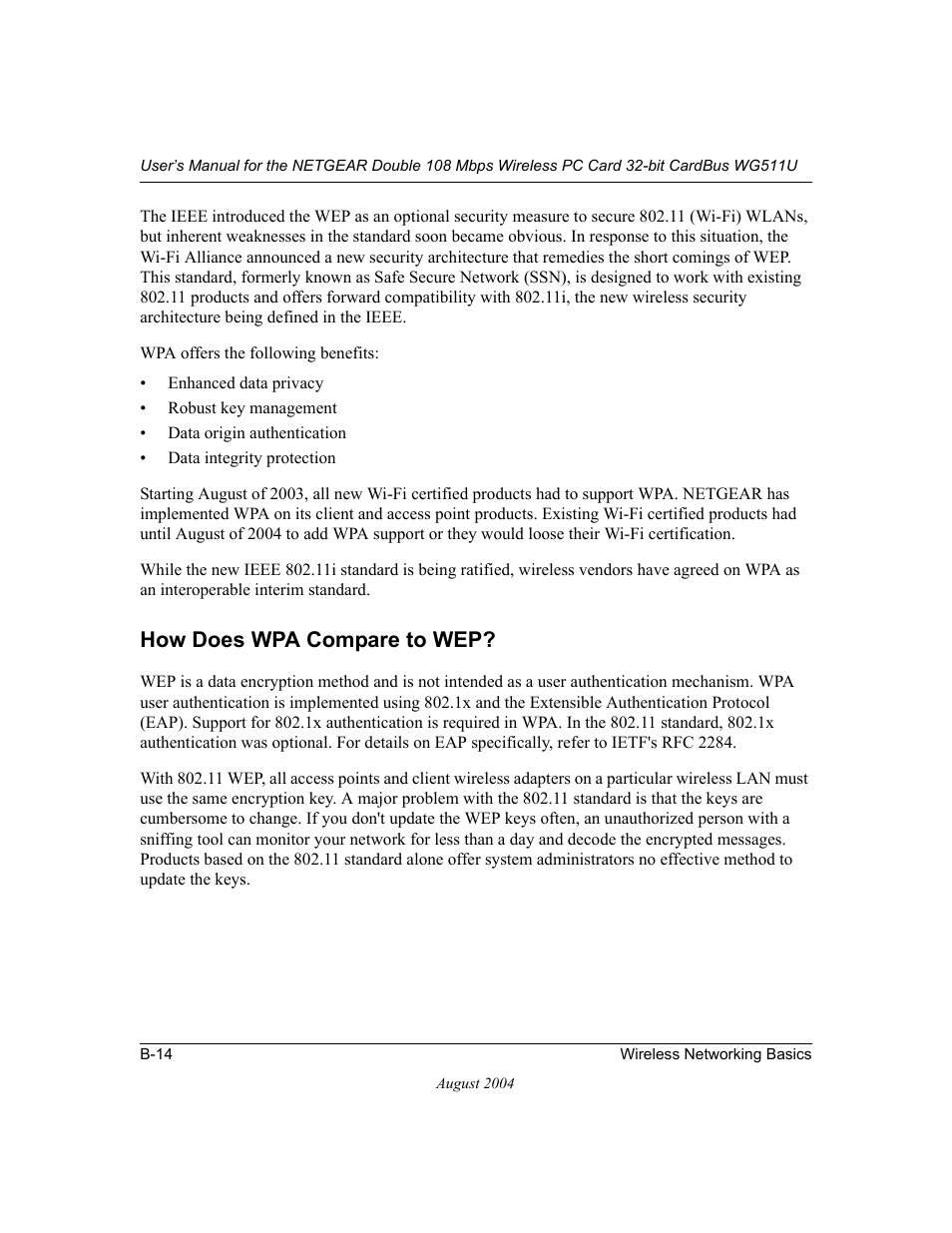 How does wpa compare to wep | NETGEAR Double 108 Mbps Wireless PC Card WG511U User Manual | Page 66 / 95