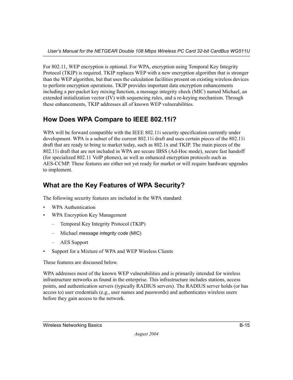 How does wpa compare to ieee 802.11i, What are the key features of wpa security | NETGEAR Double 108 Mbps Wireless PC Card WG511U User Manual | Page 67 / 95