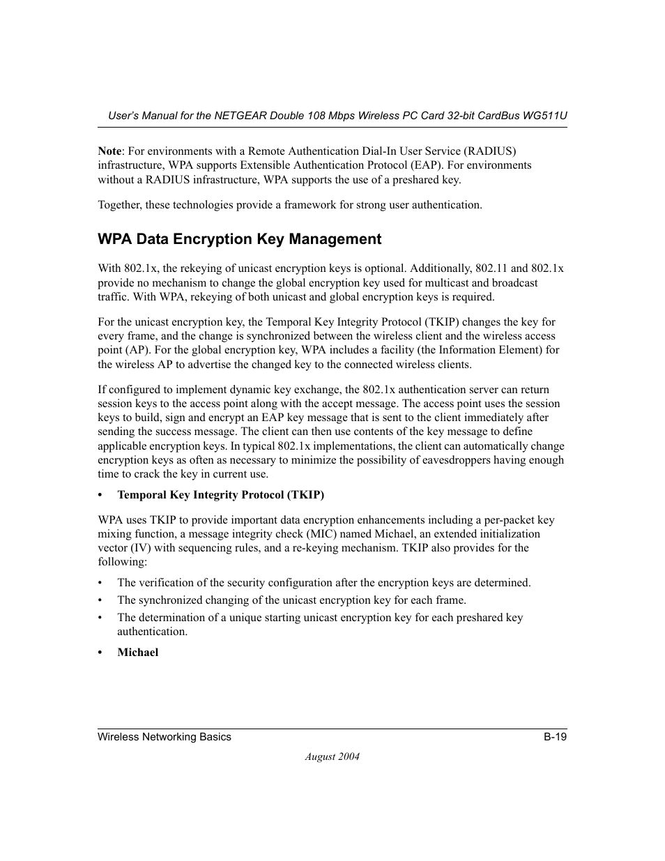 Wpa data encryption key management | NETGEAR Double 108 Mbps Wireless PC Card WG511U User Manual | Page 71 / 95