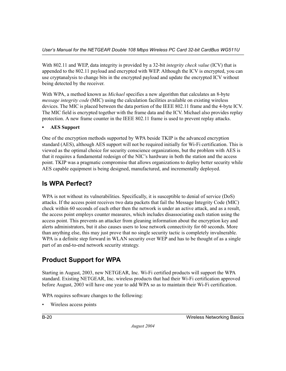 Is wpa perfect, Product support for wpa | NETGEAR Double 108 Mbps Wireless PC Card WG511U User Manual | Page 72 / 95