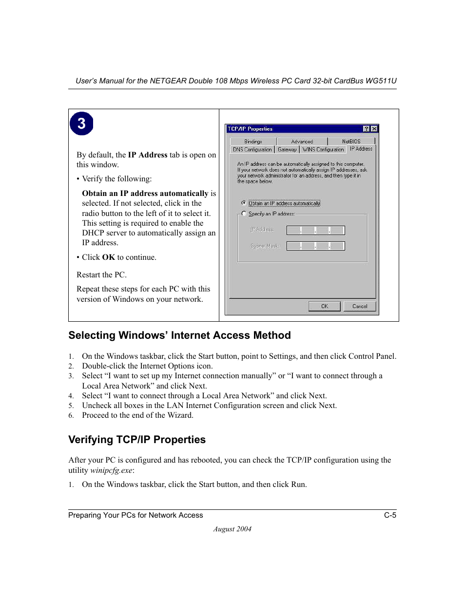 Selecting windows’ internet access method, Verifying tcp/ip properties | NETGEAR Double 108 Mbps Wireless PC Card WG511U User Manual | Page 79 / 95