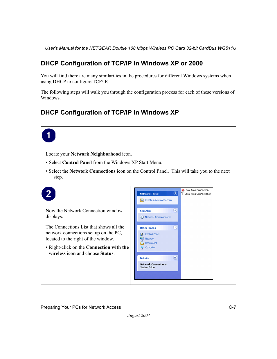 Dhcp configuration of tcp/ip in windows xp or 2000, Dhcp configuration of tcp/ip in windows xp | NETGEAR Double 108 Mbps Wireless PC Card WG511U User Manual | Page 81 / 95