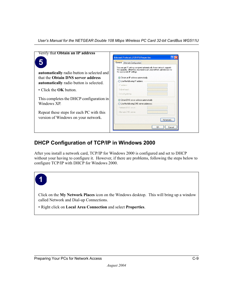 Dhcp configuration of tcp/ip in windows 2000 | NETGEAR Double 108 Mbps Wireless PC Card WG511U User Manual | Page 83 / 95