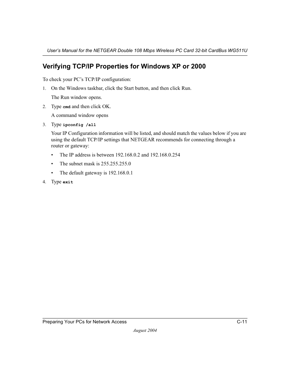 Verifying tcp/ip properties for windows xp or 2000 | NETGEAR Double 108 Mbps Wireless PC Card WG511U User Manual | Page 85 / 95